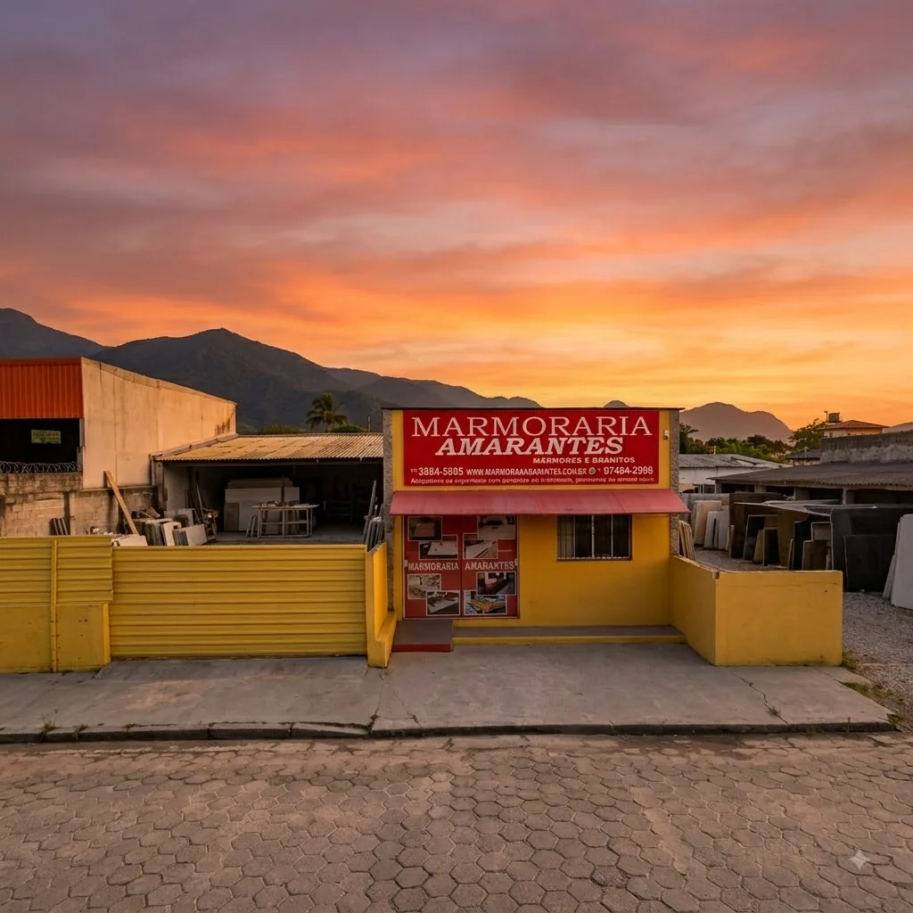 Fachada da Marmoraria Amarantes em Getuba, Caraguatatuba/SP ao entardecer